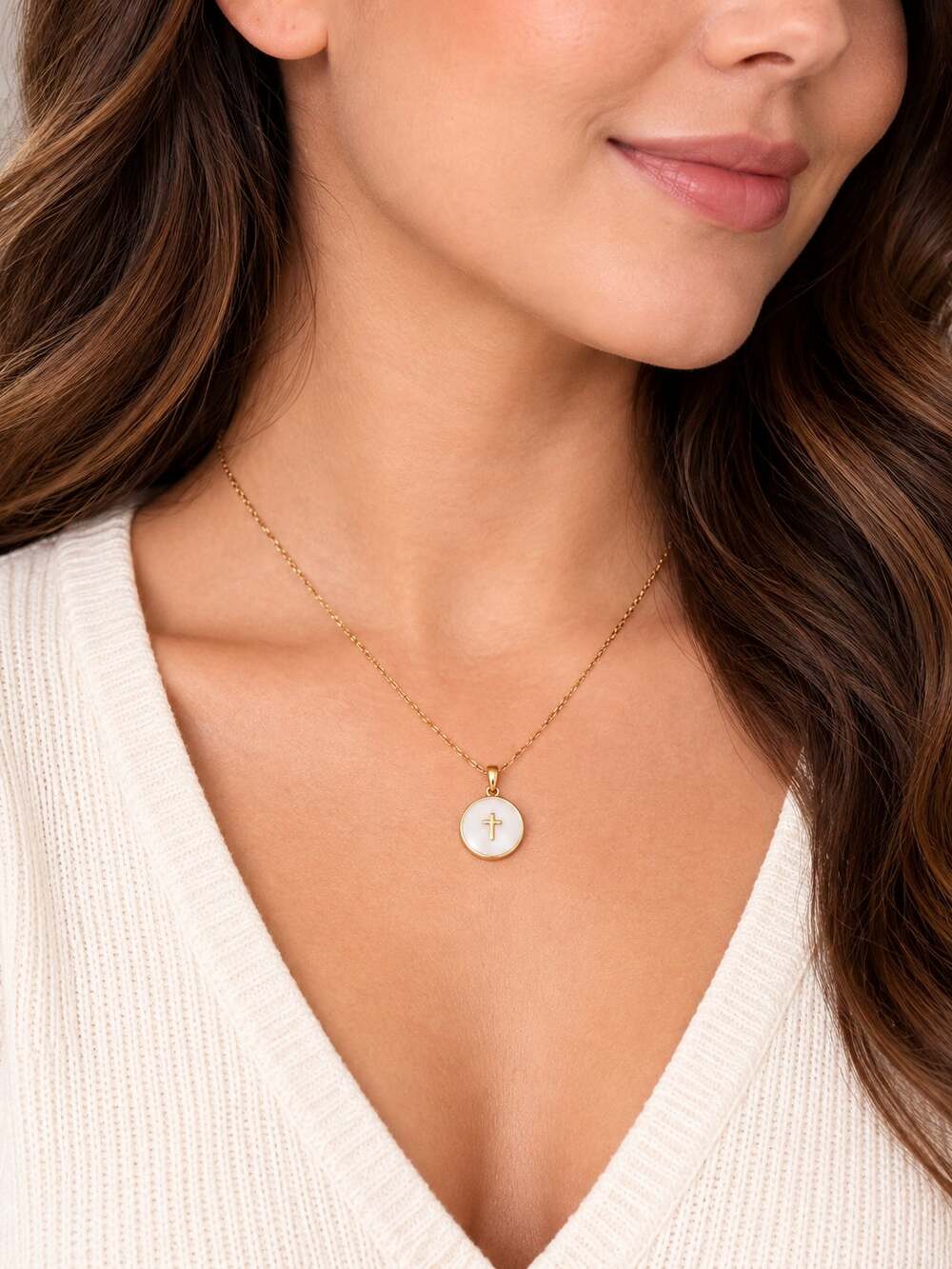 Dainty Gold Cross Necklace White Enamel Round Pendant Minimalist NWT